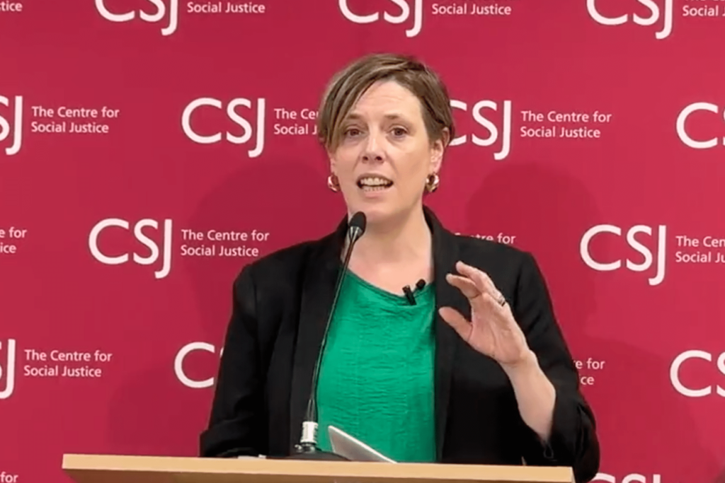 Jess Phillips making speech for Justice and Care and the Centre for Social Justice